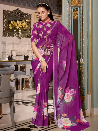 Delicate Purple Georgette Floral Print Saree With Blouse - Ethnic Plus In